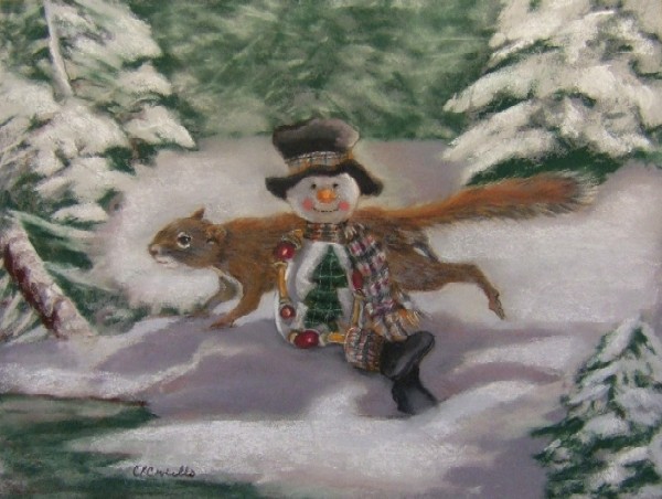 Red Squirrel with Snowman